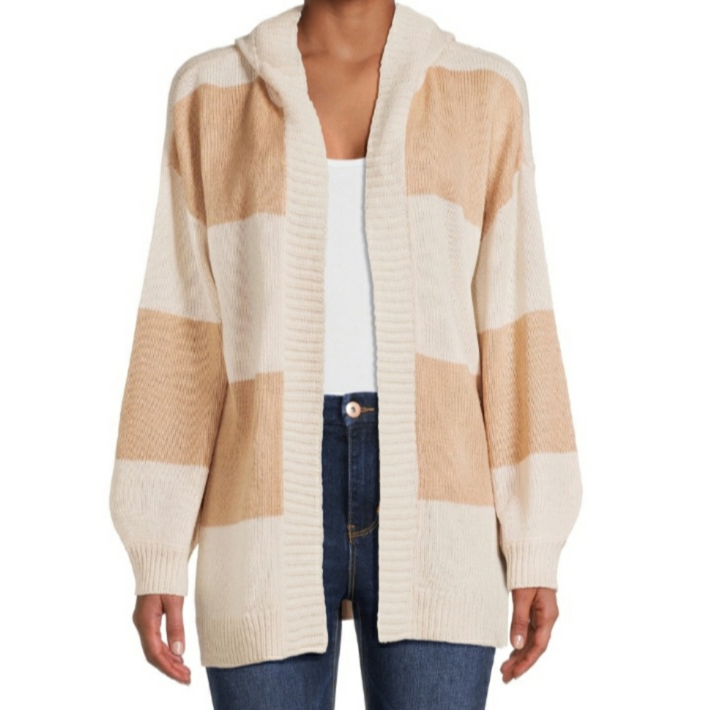 Cream Striped Hooded Cardigan Size Small NEW - Picture 2 of 10